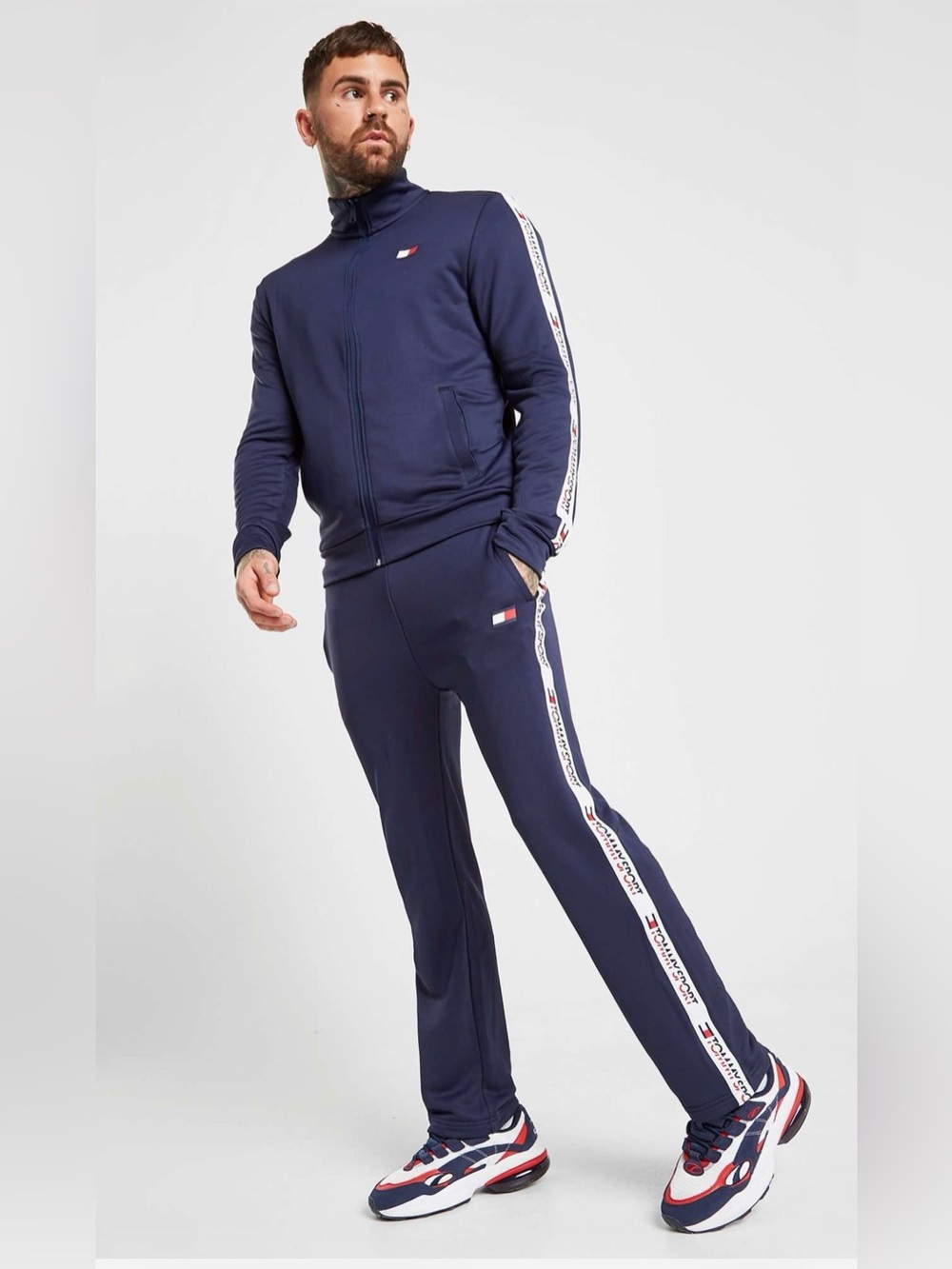 Small men’s Tommy Hilfiger Navy tape  Track Pants with White Logo Side Stripes